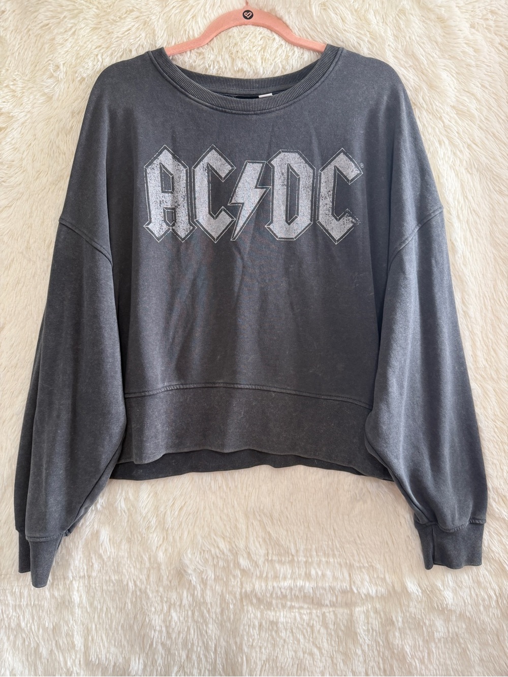 AC/DC Womens Oversized Acid Wash Sweatshirt Size L Grey Distressed Grunge Rock